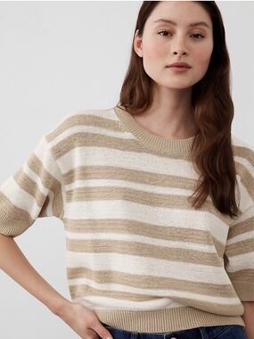 Banana Republic Striped Chunky Knit Crewneck Pullover Sweater Tan Small